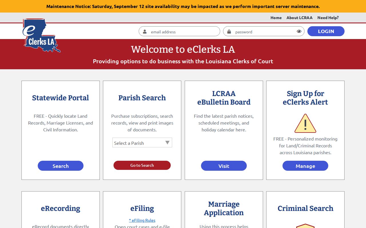 St. James Parish warrant records: statewide clerk records portal landing page