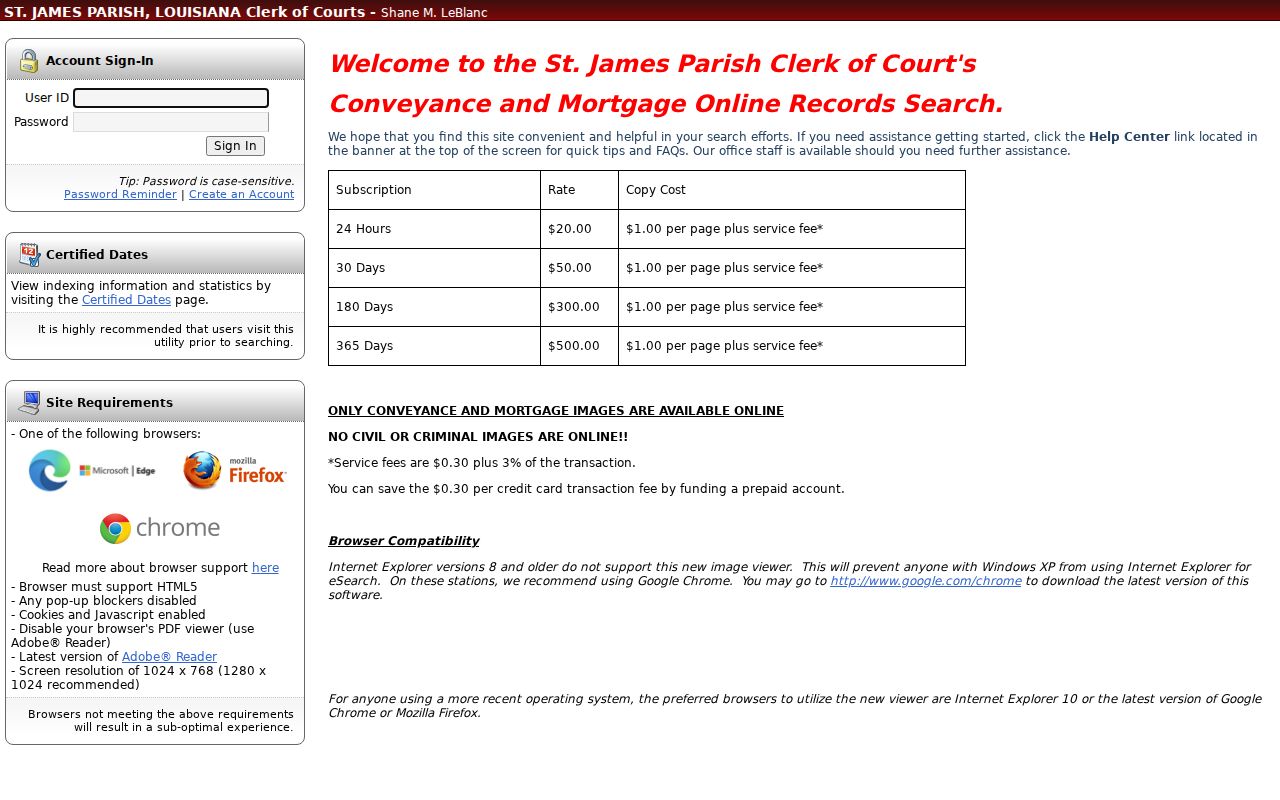 St. James Parish warrant records: clerk eSearch login for land records, not warrants