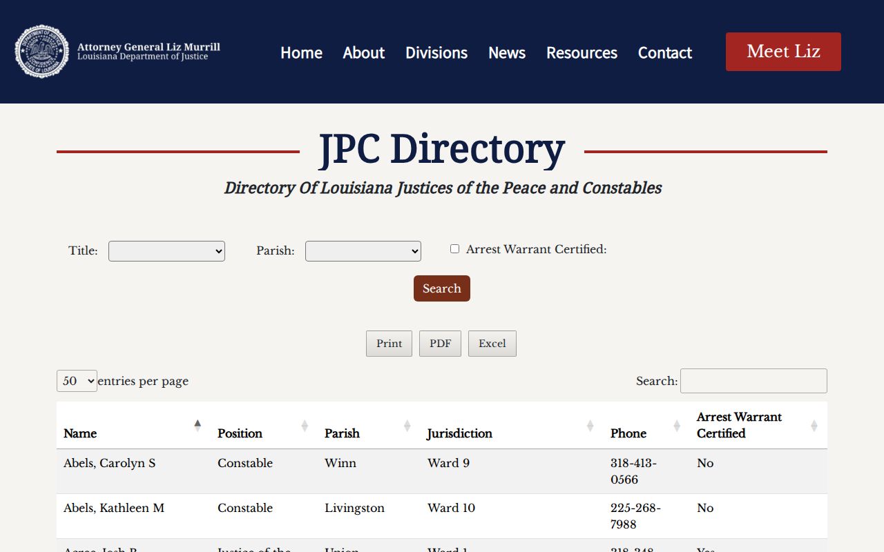 St. James Parish warrant records: Justice of the Peace district directory fields