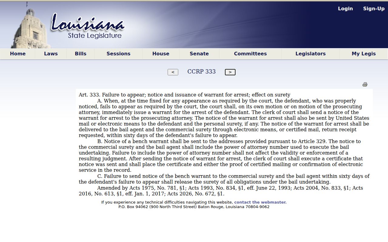 St. James Parish warrant records: Louisiana failure-to-appear warrant statute language