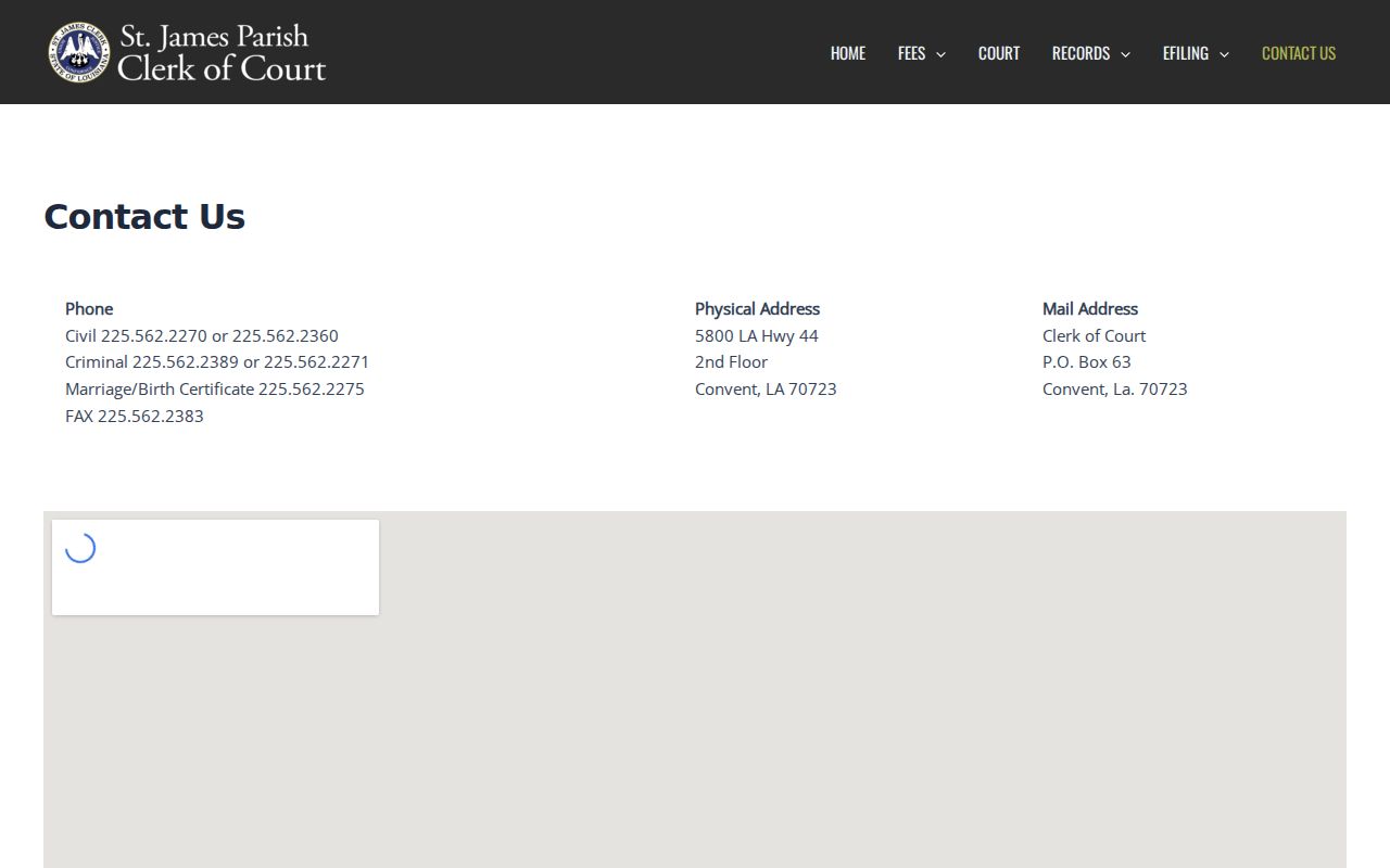 St. James Parish warrant records: Clerk of Court contact block at the Convent courthouse